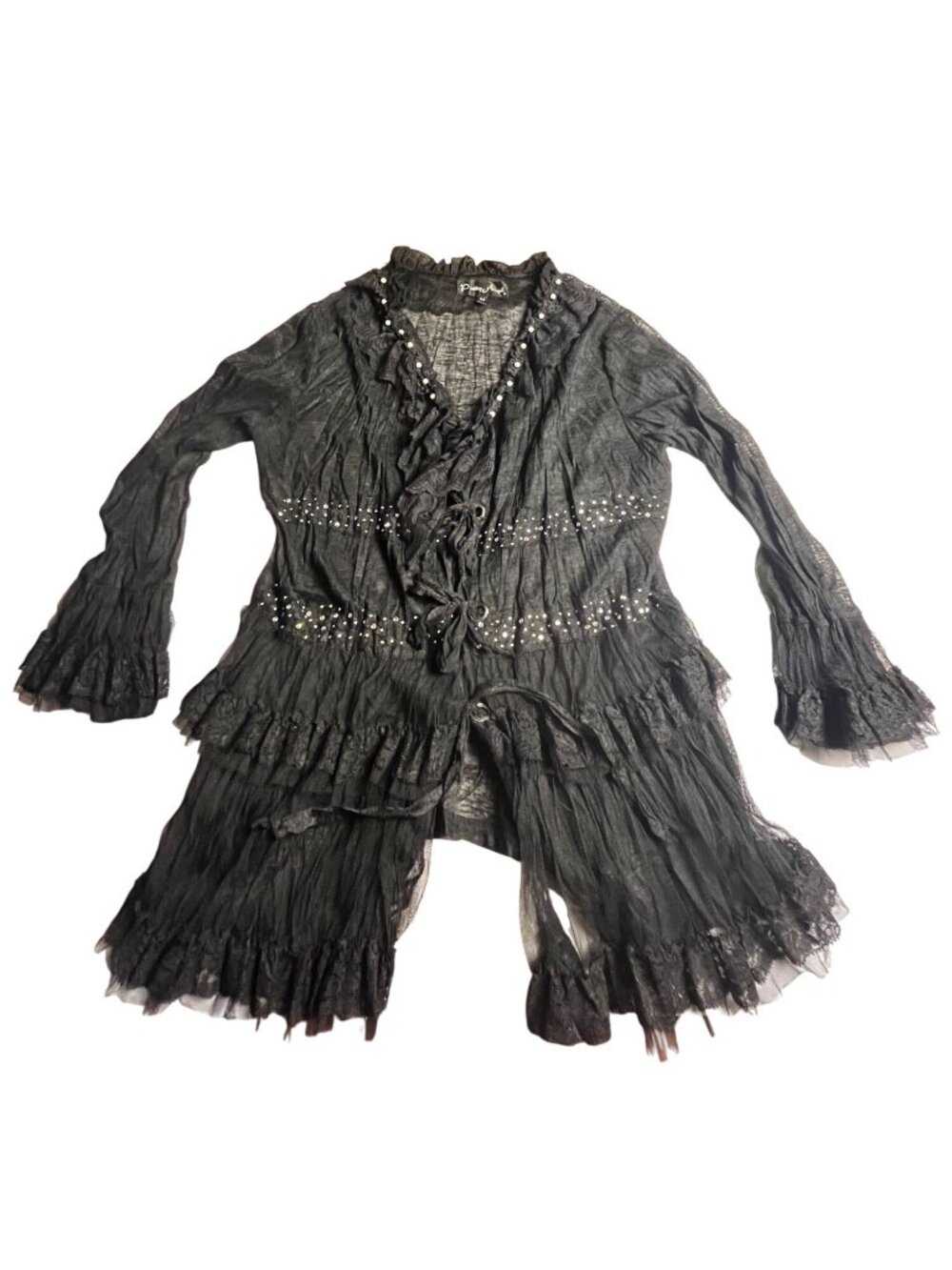 Pretty Angel VTG M Black Whimsigoth Ruffled Cardigan Blouse Rhinestone & Lace